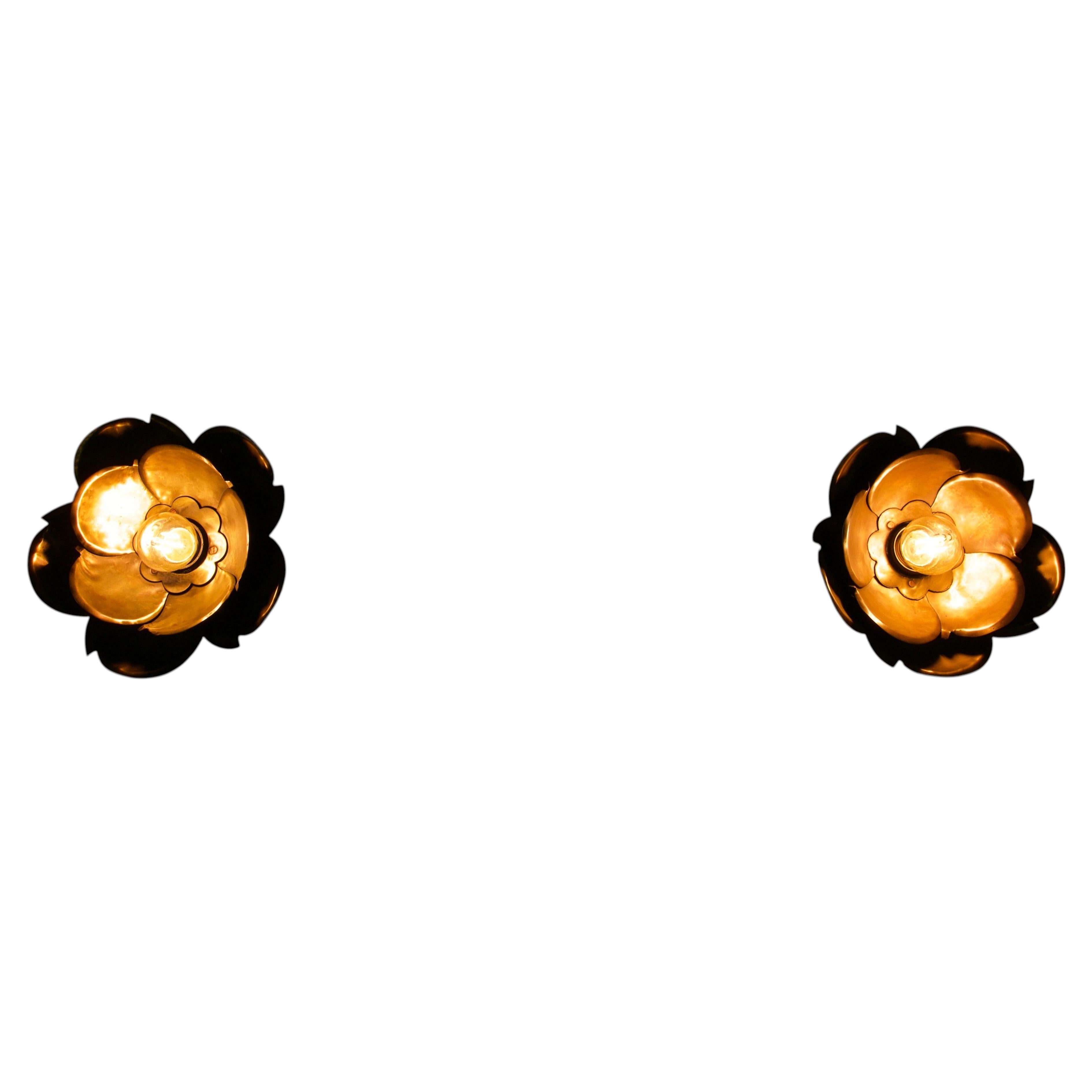 Pair of Gilt Metal Flower Wall Lamps by Hans Kögl, 1960s, Germany