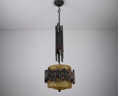 Brutalist Metal and Textured Amber Glass Pendant Lamp, Germany, 1970s