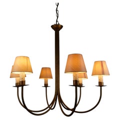 Large Brass Six-Arm Chandelier with Fabric Shades, Germany, 1970s