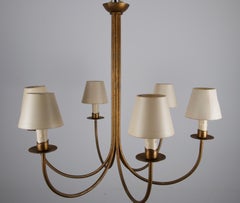 Large Brass Six-Arm Chandelier with Fabric Shades, Germany, 1970s