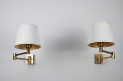 Pair of Adjustable Brass Swing Arm Wall Lamps with Fabric Shades, Germany, 1960s