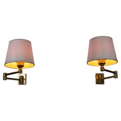 Pair of Adjustable Brass Swing Arm Wall Lamps with Fabric Shades, Germany, 1960s