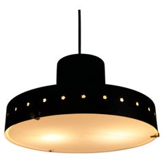 Black Metal and Opaline Glass Pendant Lamp attr. to Stilnovo, Italy, 1960s