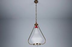 Mid-Century Brass and Opaline Glass Pendant Lamp with Red Accent, Italy, 1960s