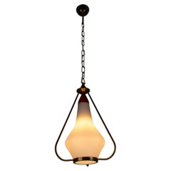 Mid-Century Brass and Opaline Glass Pendant Lamp with Red Accent, Italy, 1960s