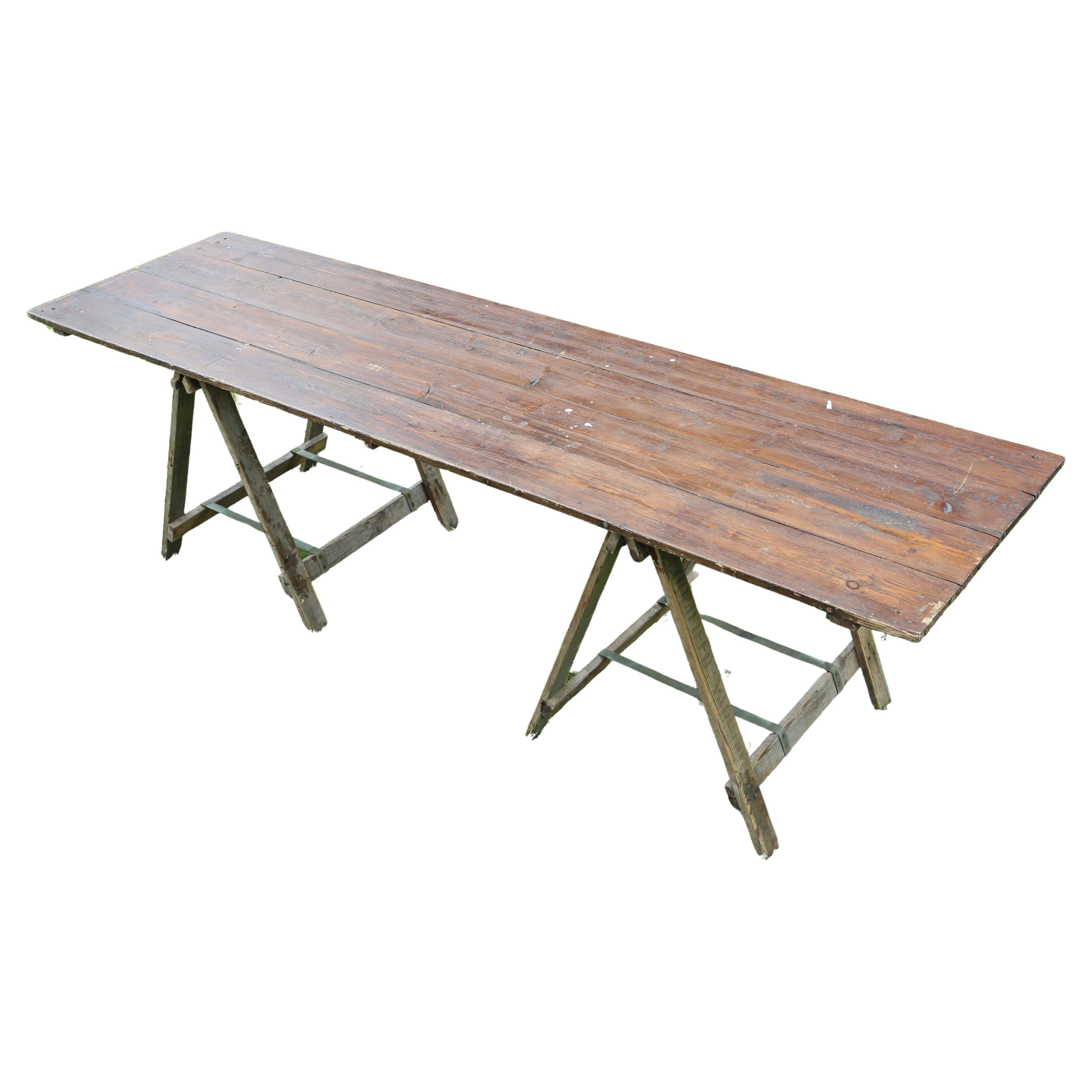 Vintage refectory trestle kitchen garden dining table mid 20th Century 8' For Sale