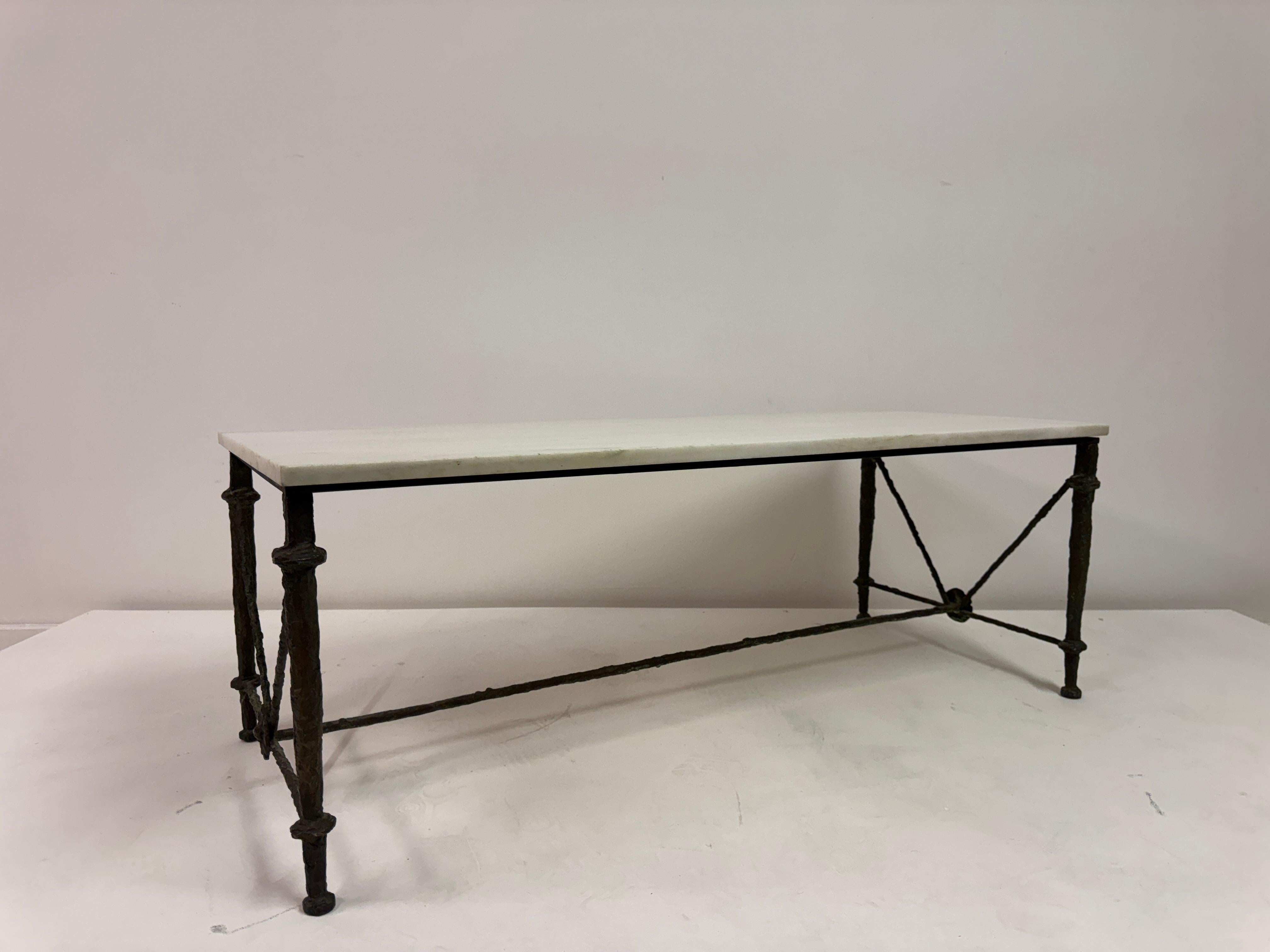 Bronze and Marble Coffee Table in the Style of Giacometti For Sale 1