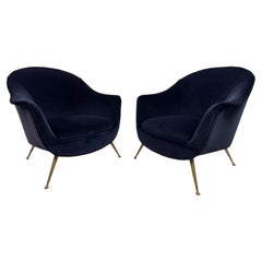Pair of Italian Mid-Century Lounge Chairs in Navy Romo Cotton Velvet, 1960s