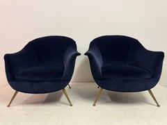 Pair of Italian Mid-Century Lounge Chairs in Navy Romo Cotton Velvet, 1960s
