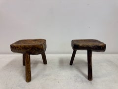 Pair of Rustic Brutalist Tripod Stools in Elm