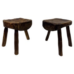 Pair of Rustic Brutalist Tripod Stools in Elm