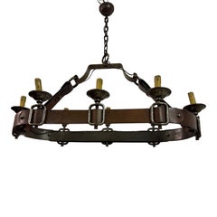 Lustre français en cuir et fer des années 1950