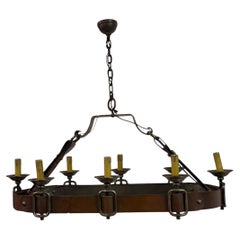 Lustre français en cuir et fer des années 1950