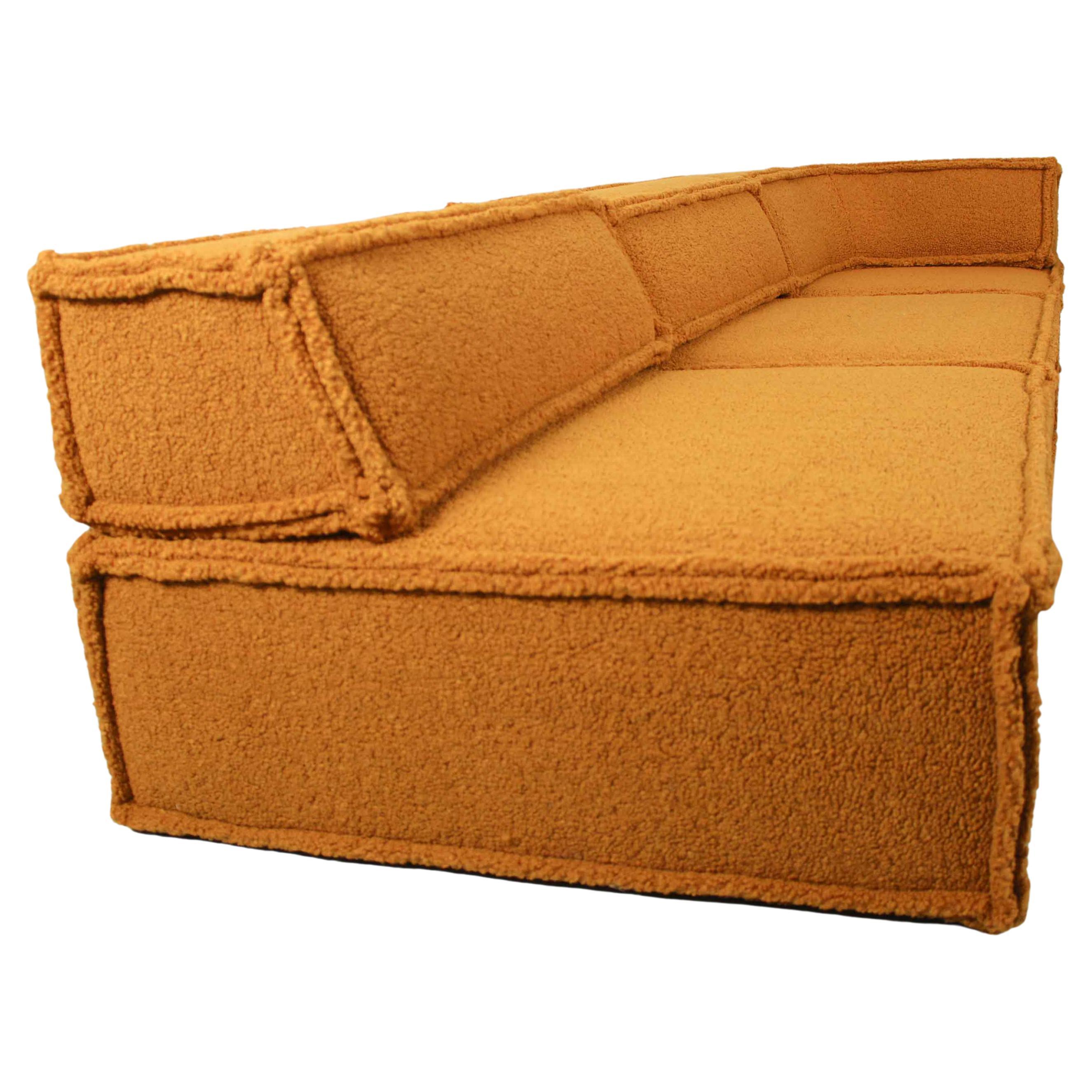 This set is completely reupholstered with beautiful mustard yellow teddy fabric and therefor in excellent condition. The individual elements are, as always, not permanently connected or connected by brackets which makes it possible to arrange your