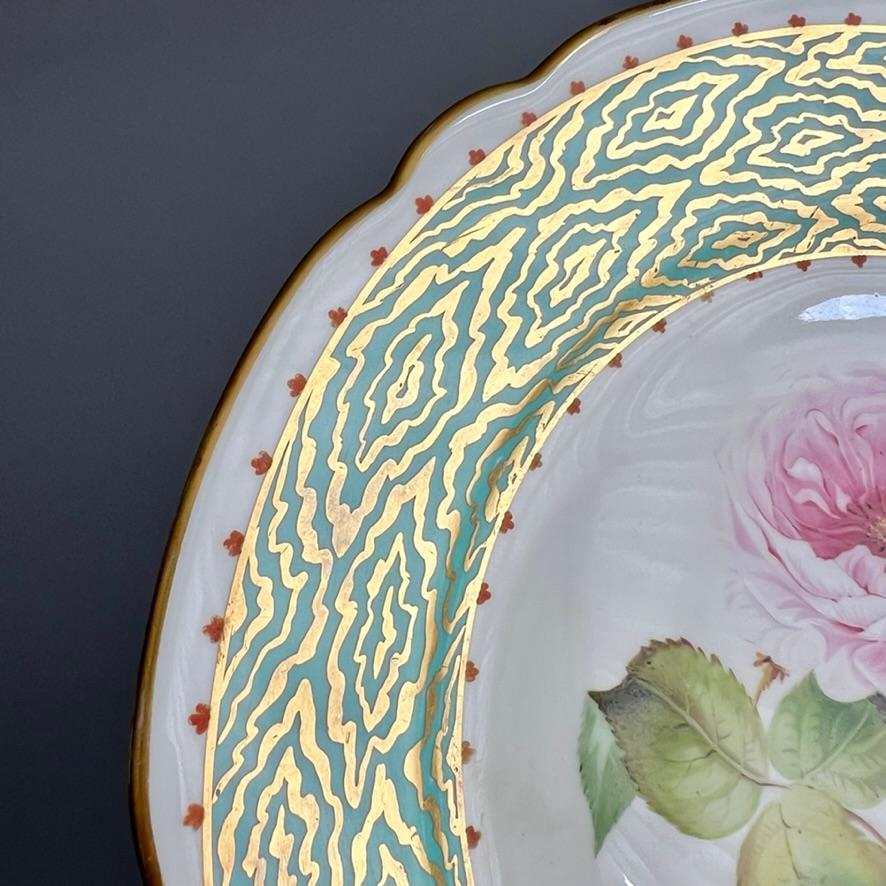 Mid-19th Century Samuel Alcock Plate, Eau de Nile Green, Gilt, Pink Moss Rose, ca 1850