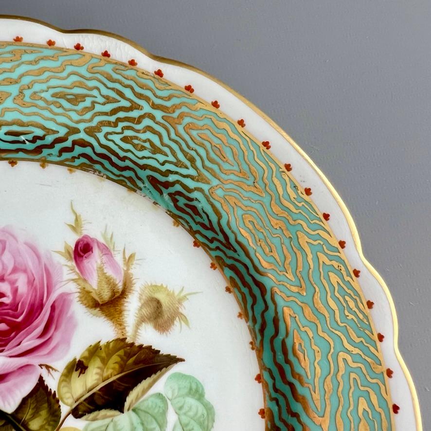 Porcelain Samuel Alcock Plate, Eau de Nile Green, Gilt, Pink Moss Rose, ca 1850