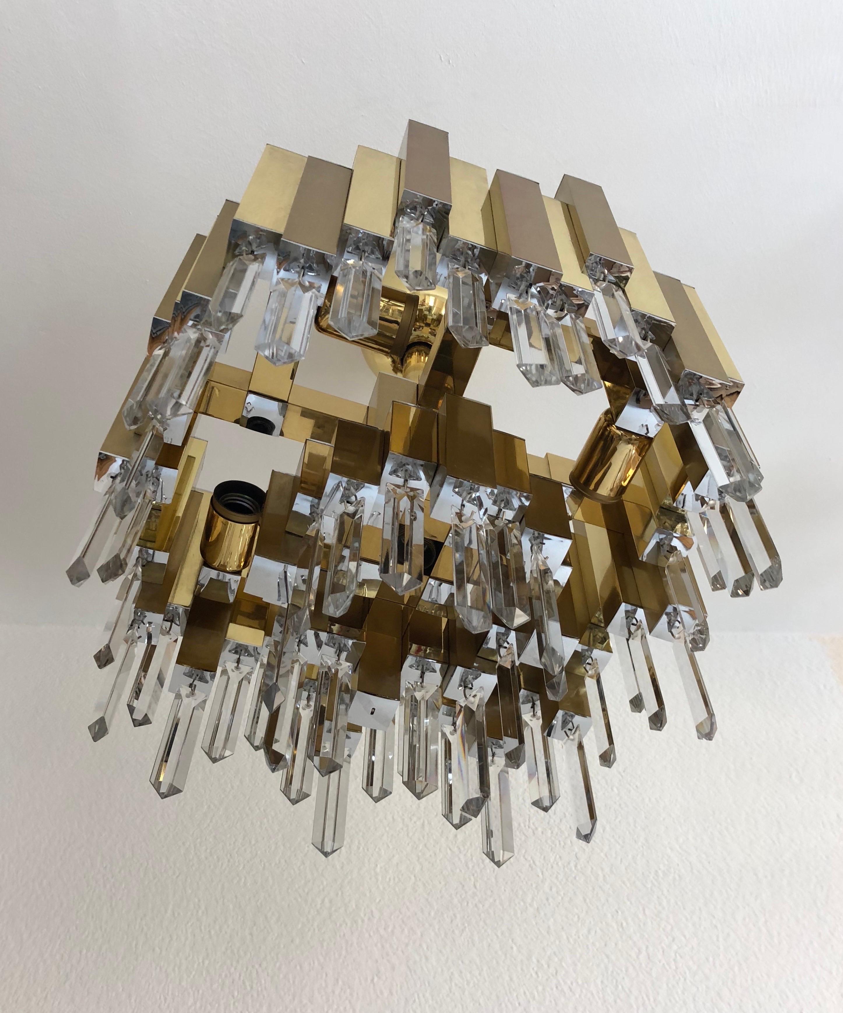Midcentury Golden Brass Prism Crystals Chandelier by Lumica, Barcelona, 1970s For Sale 11