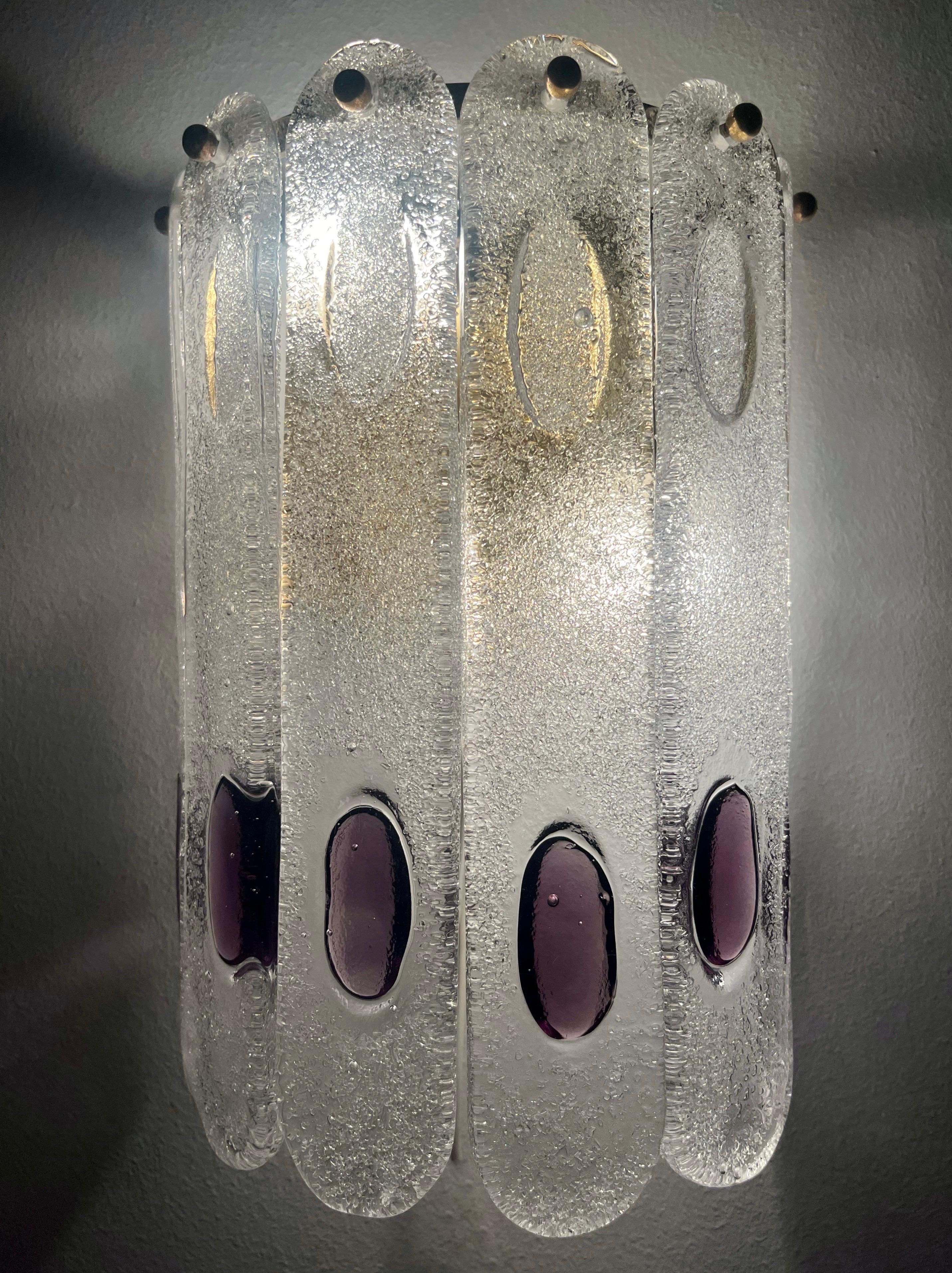 Late 20th Century Pair of Midcentury Italian Lilac Murano Glass Wall Sconces by Mazzega, 1970s For Sale