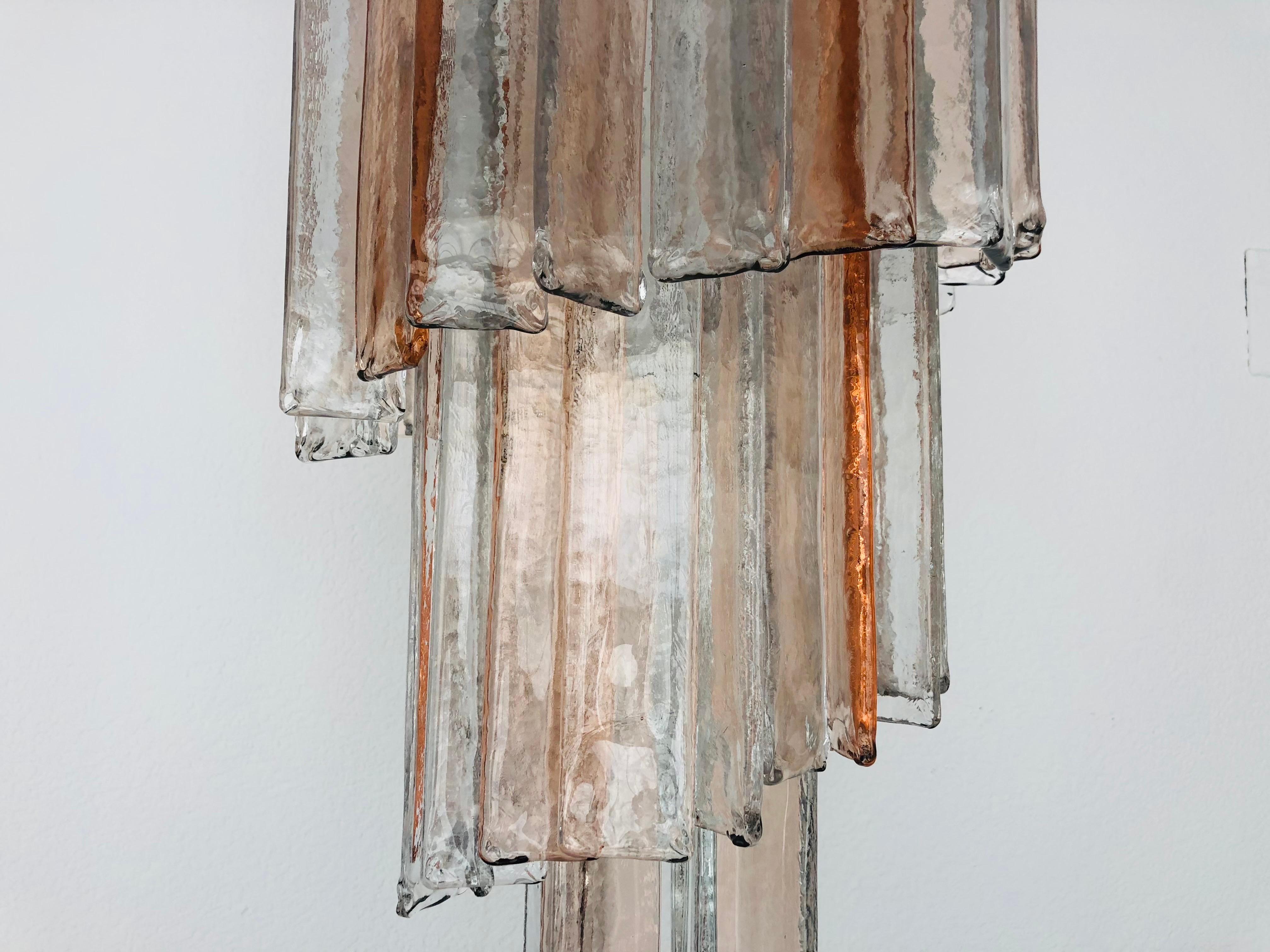 Brass Italian Midcentury Barbie Pink Clear Murano Chandelier by Mazzega, 1970s