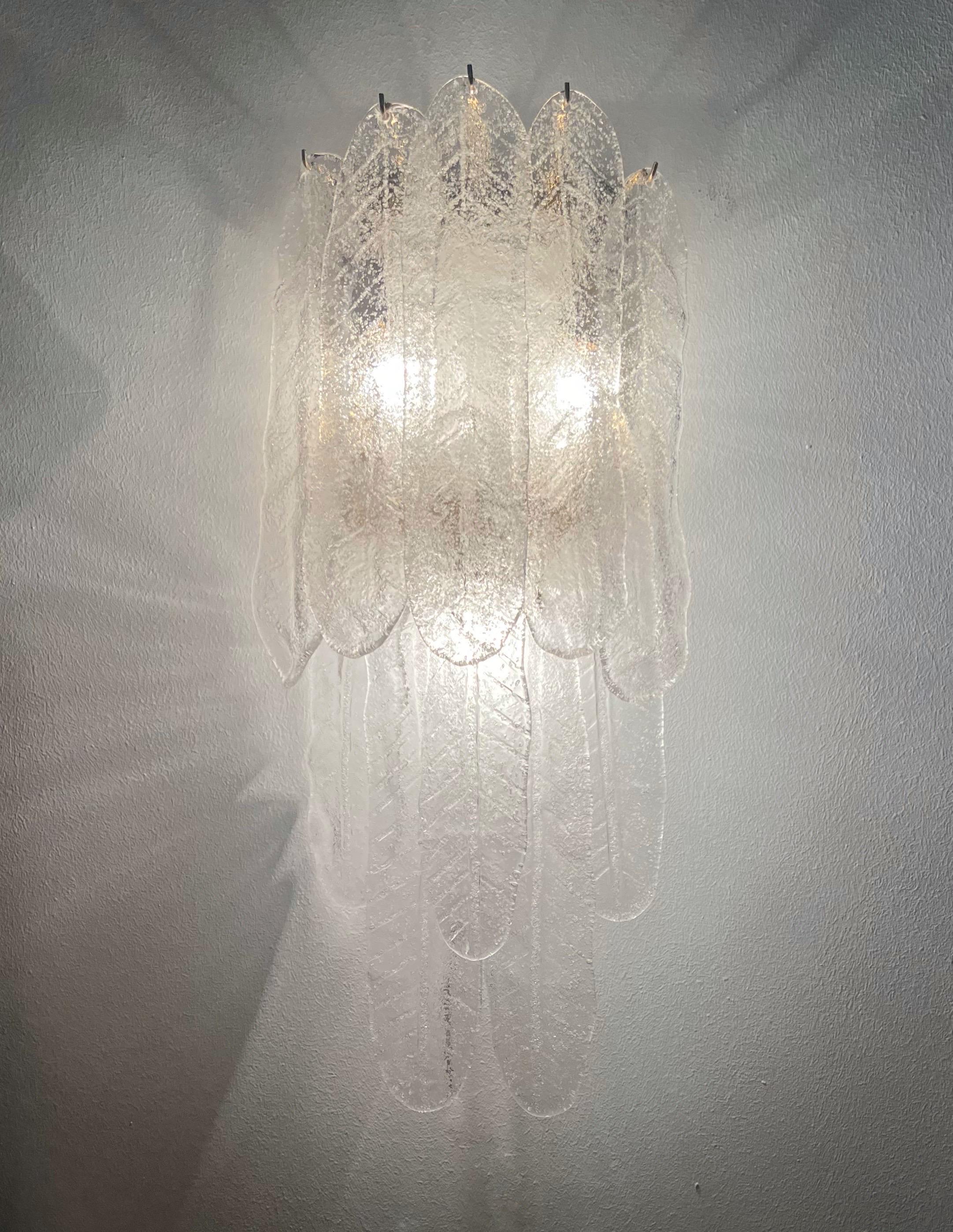Mid-Century Modern Italian Midcentury Long Large Leaf Clear Murano Wall Sconce by Mazzega, 1970s