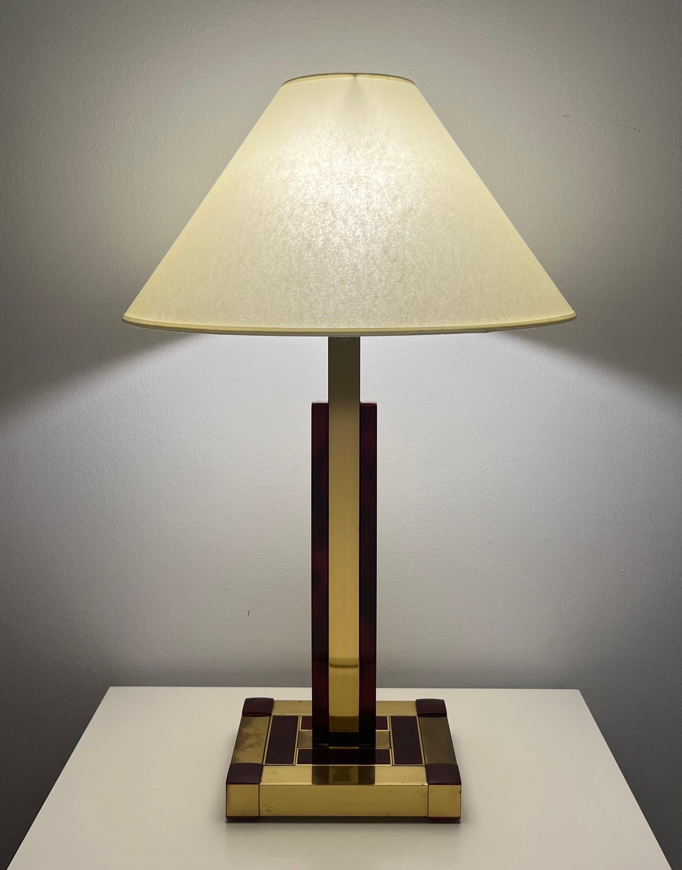Mid-Century Modern Brass and Tortoiseshell Table Lamp by Willy Rizzo for Lumica, Barcelona, 1970s For Sale