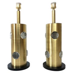 Danish Midcentury Pair of Brass Glass Table Lamps, 1970s