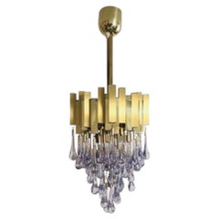 Teardrop glass Brass Long Chandelier by BD Lumica, Barcelona, 1970s