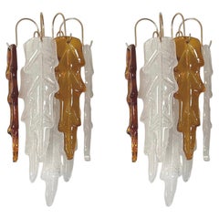 Italian Mid-Century Pair of White Amber Murano Wall Sconces by Mazzega, 1970s