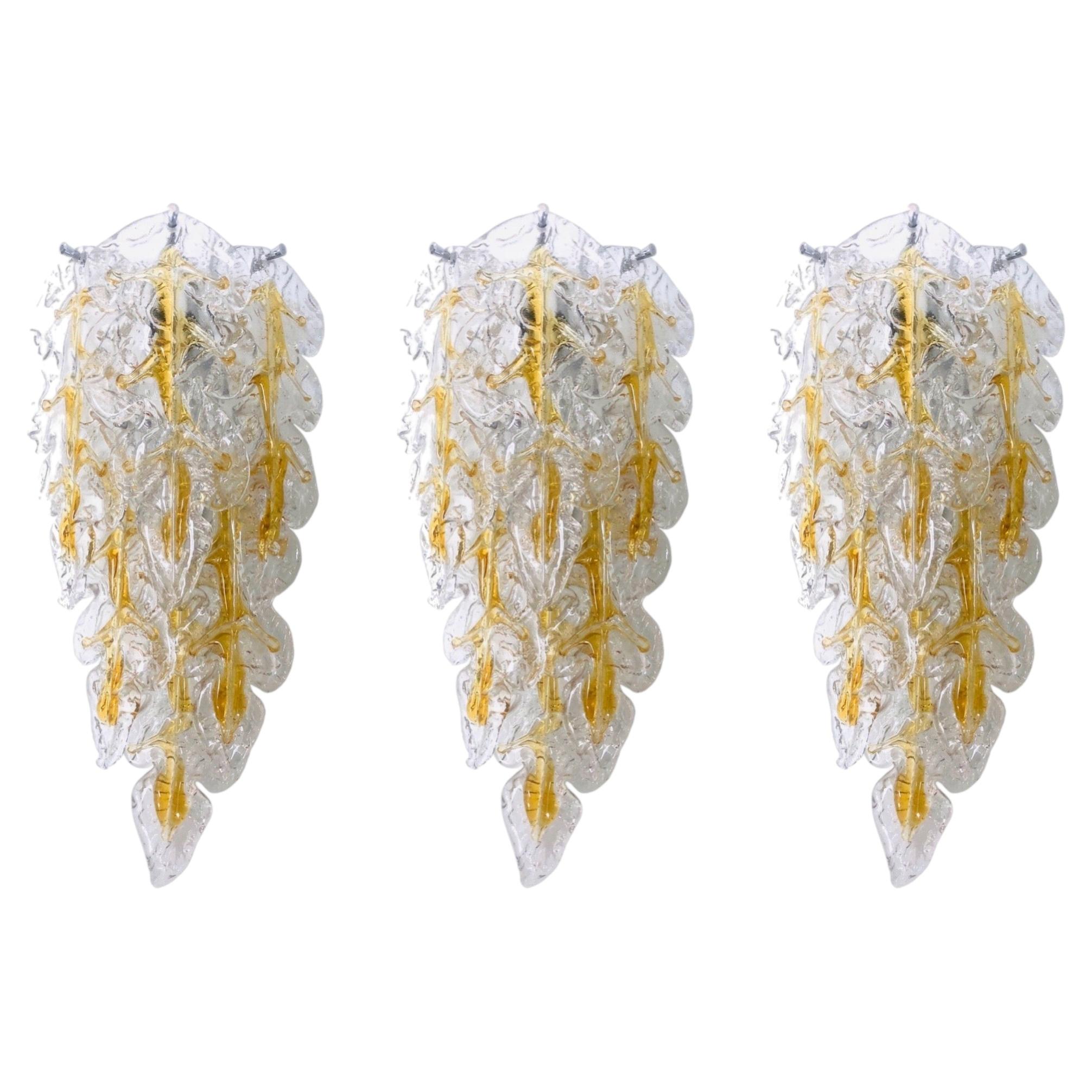Italian Midcentury Set of Three Leaf Murano Wall Sconces by Mazzega, 1970s