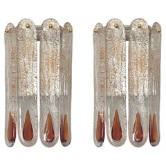 Pair of Midcentury Italian Amber Murano Wall Sconces by Mazzega, 1970s