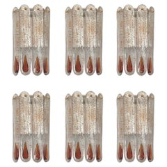 Ensemble italien du milieu du siècle de six appliques murales en verre de Murano ambré par Mazzega, 1970