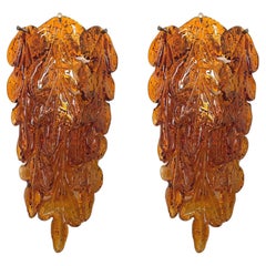 Italian Midcentury Pair of Amber Murano Leaf Wall Sconces by Mazzega, 1970s