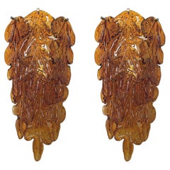 Italian Midcentury Pair of Amber Murano Leaf Wall Sconces by Mazzega, 1970s