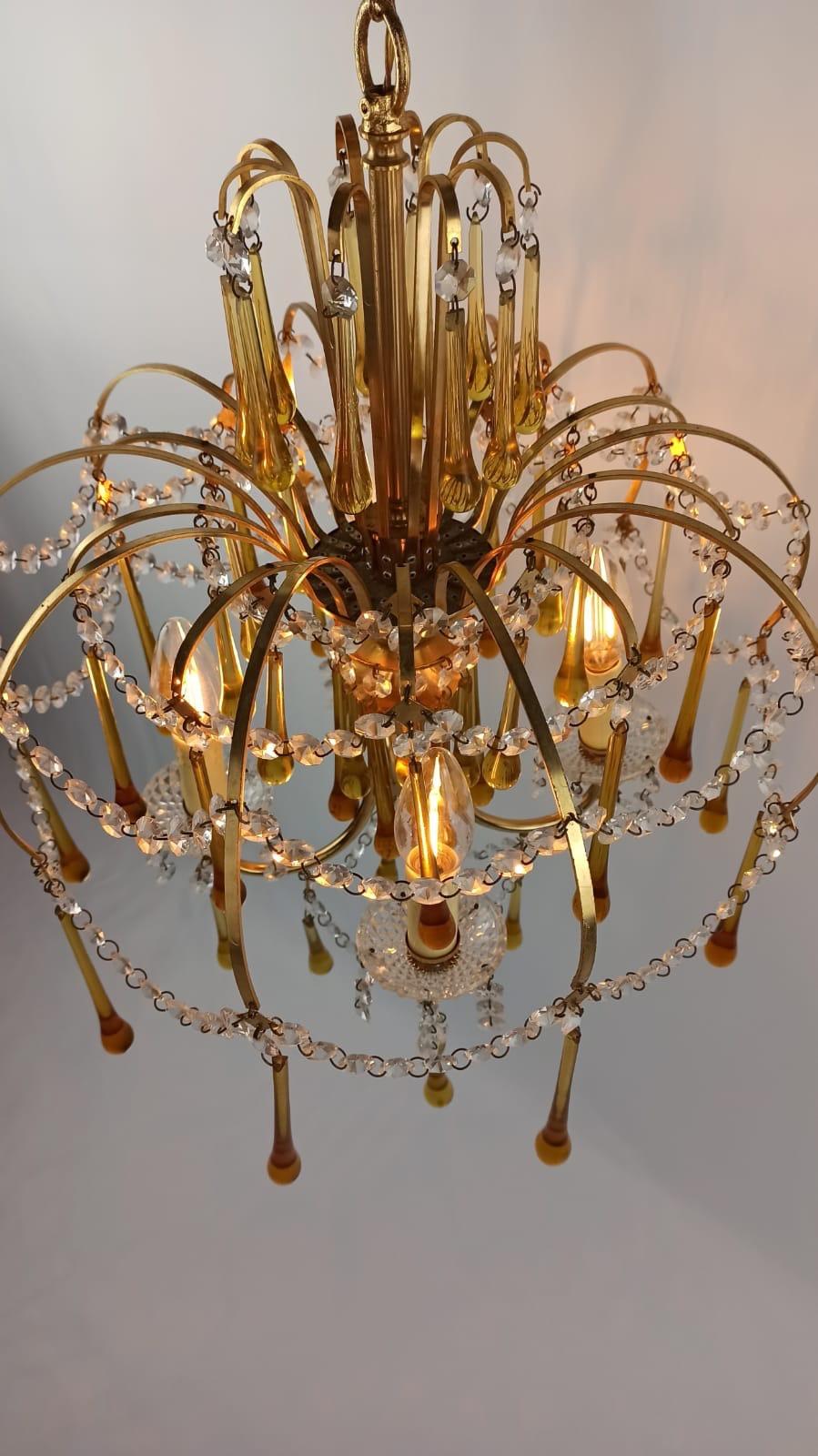 Italian Brass and Murano Amber Glass Tear Drop Chandelier by Paolo Venini, 1960 For Sale 10