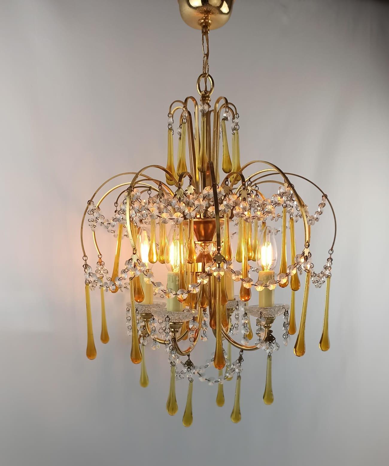 Italian Brass and Murano Amber Glass Tear Drop Chandelier by Paolo Venini, 1960 For Sale 9