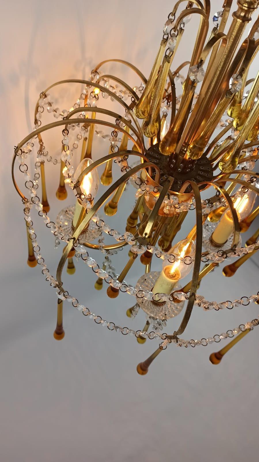 Italian Brass and Murano Amber Glass Tear Drop Chandelier by Paolo Venini, 1960 For Sale 11
