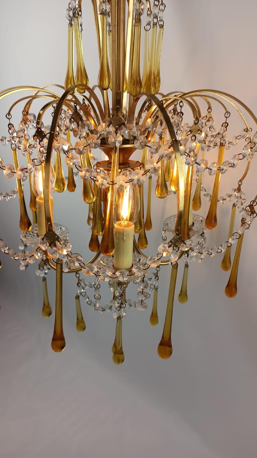Italian Brass and Murano Amber Glass Tear Drop Chandelier by Paolo Venini, 1960 For Sale 12