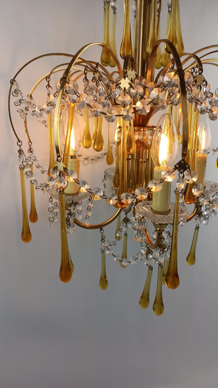 Italian Brass and Murano Amber Glass Tear Drop Chandelier by Paolo Venini, 1960 For Sale 13