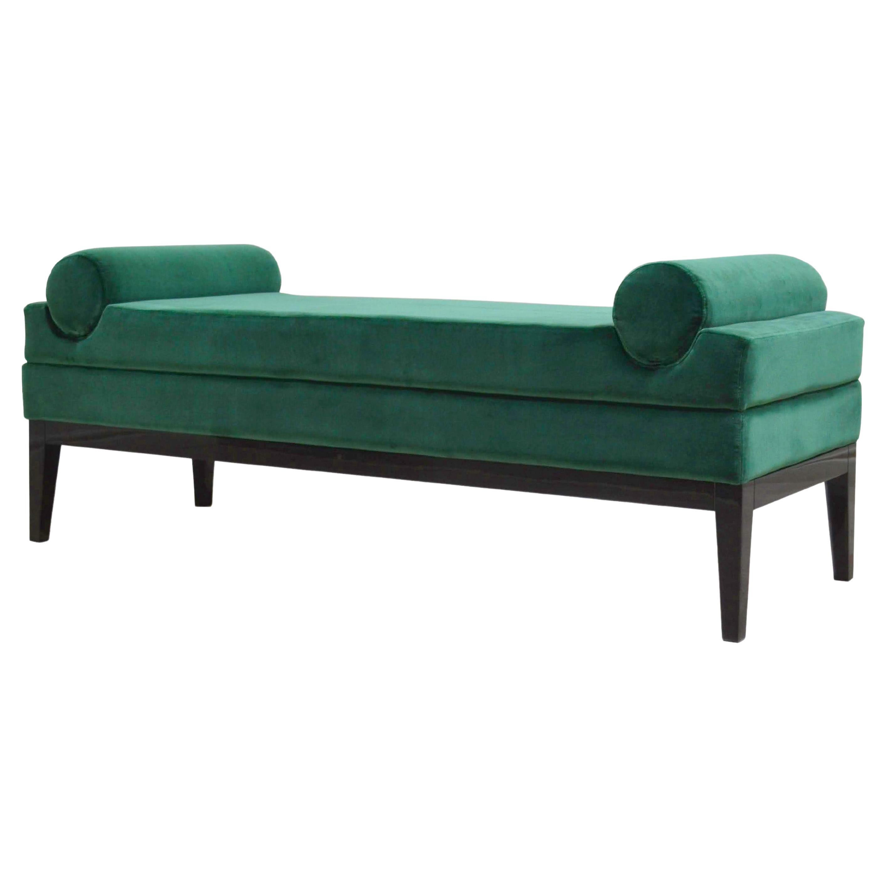 Italian Contemporary Upholstered Bench in Green Velvet Fabric For Sale