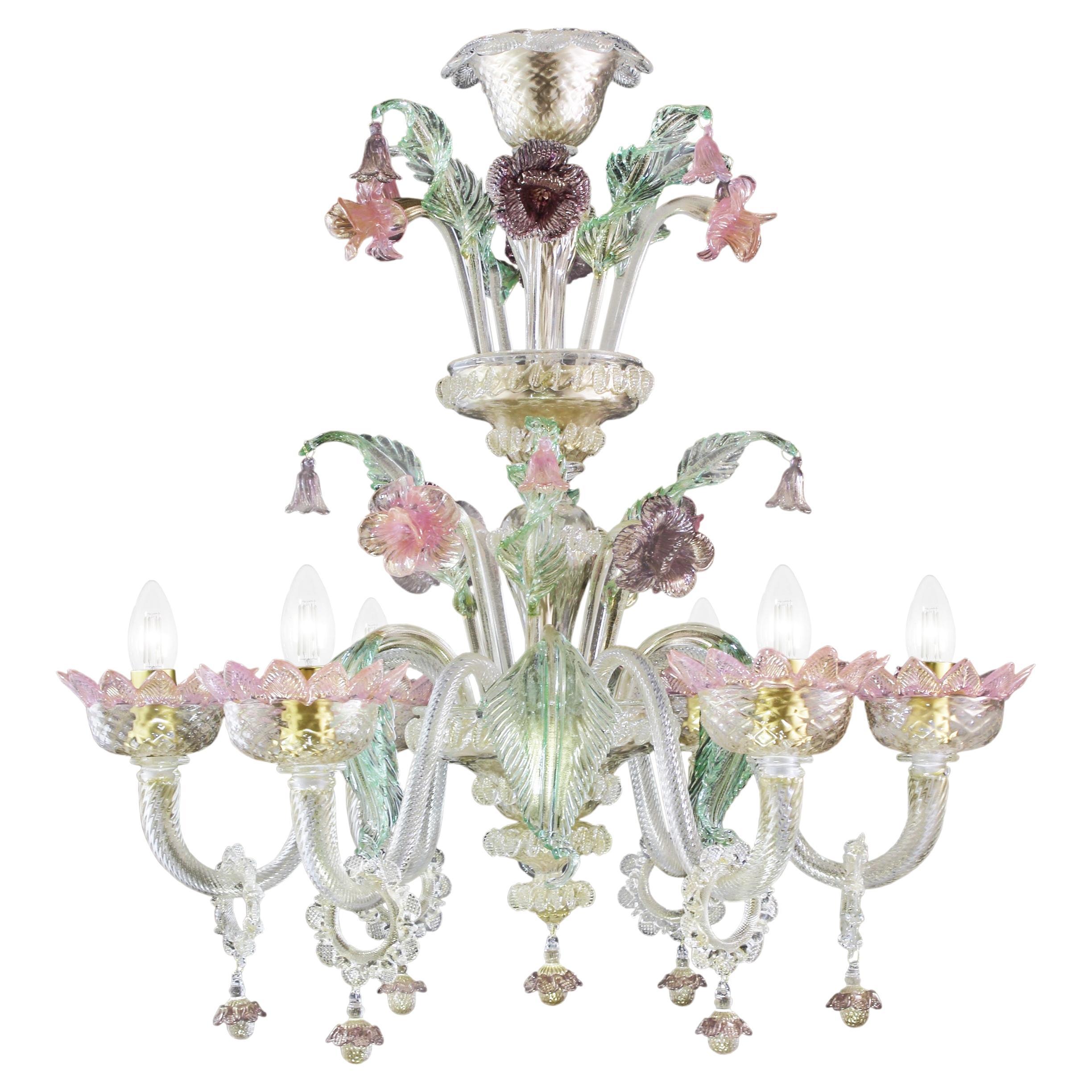 Chandelier 6Arms gold Glass details pink, green, amethyst by Multiforme in stock For Sale