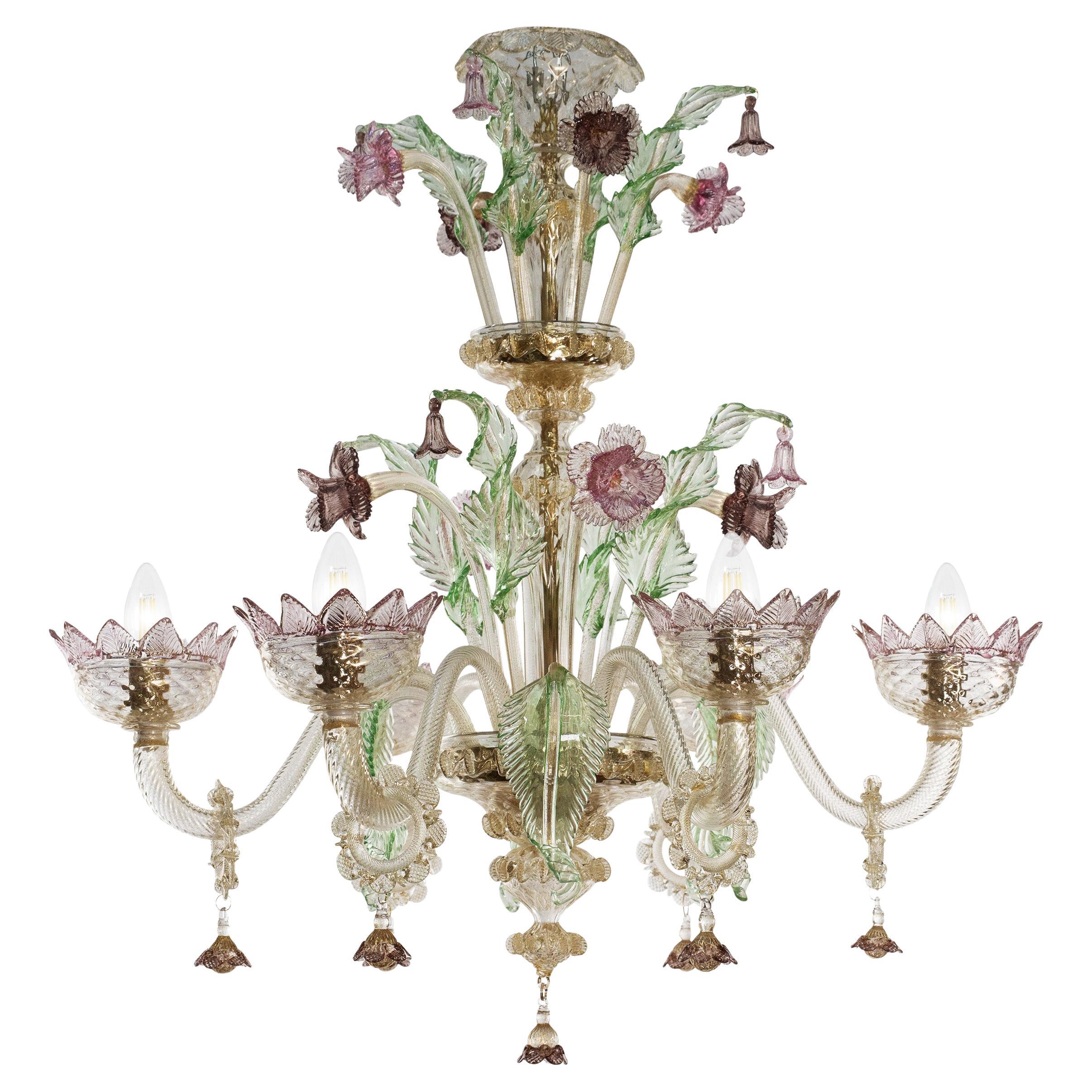 Chandelier 6Arms gold Glass details pink, green, amethyst by Multiforme For Sale
