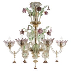 Lampadario 6 bracci oro Dettagli in vetro rosa, verde, ametista di Multiforme
