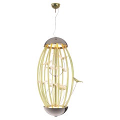 Art design pendant lamp Cage with butterflies Green Murano Glass by Multiforme