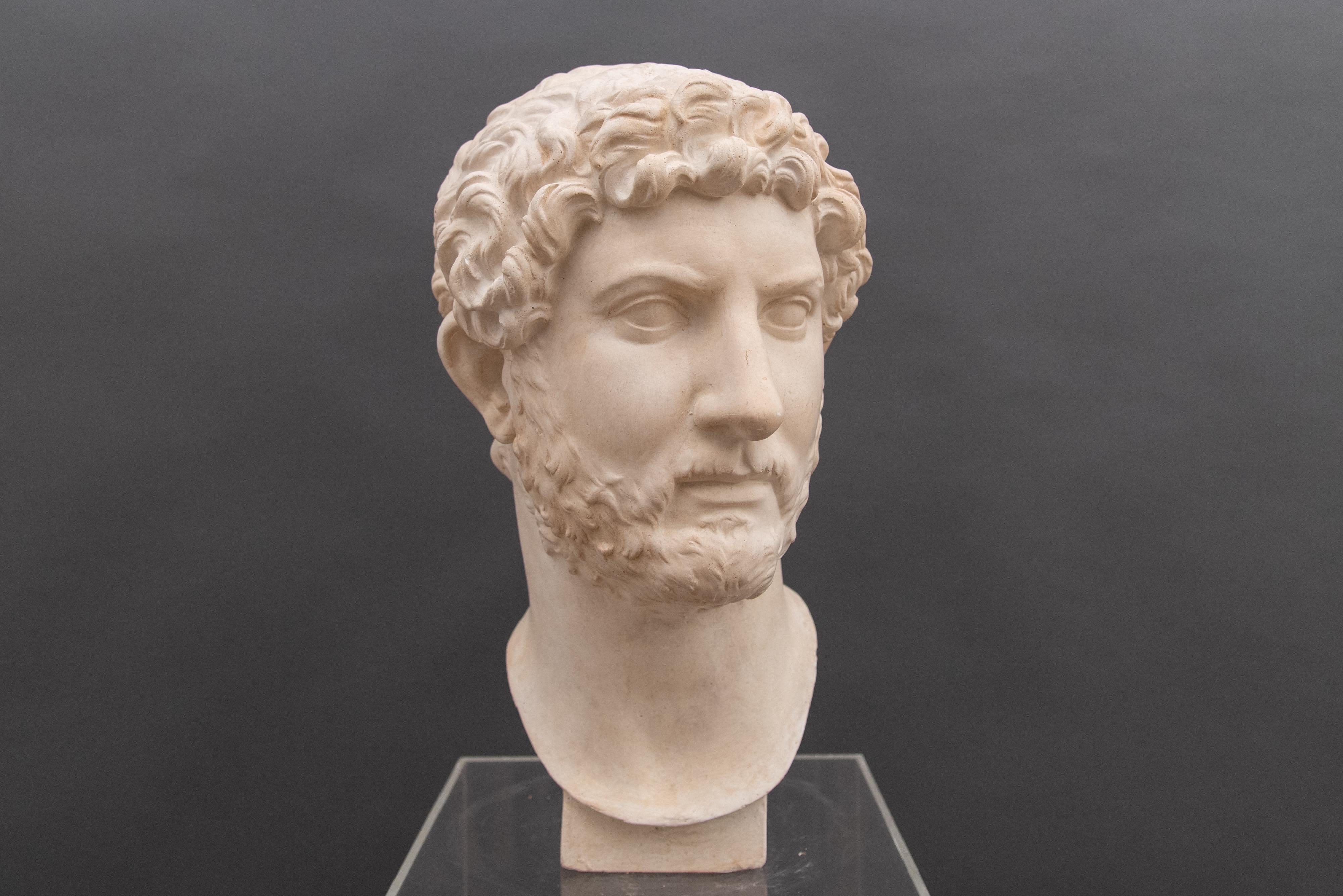 Mid-19th century imposing plaster featuring Hadrian, the Roman emperor from 117 to 138. 
“Hadrian was a pleasant man to meet and he possessed a certain charm” from Dio Cassius.
It is an Italian Grand Tour plaster bust.
 
