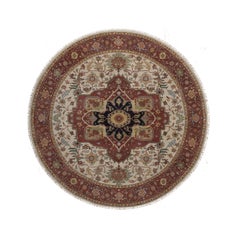 8'x8' Ivory Antiqued Fine Heriz Re-Creation Hand Knotted Soft Wool Round Rug