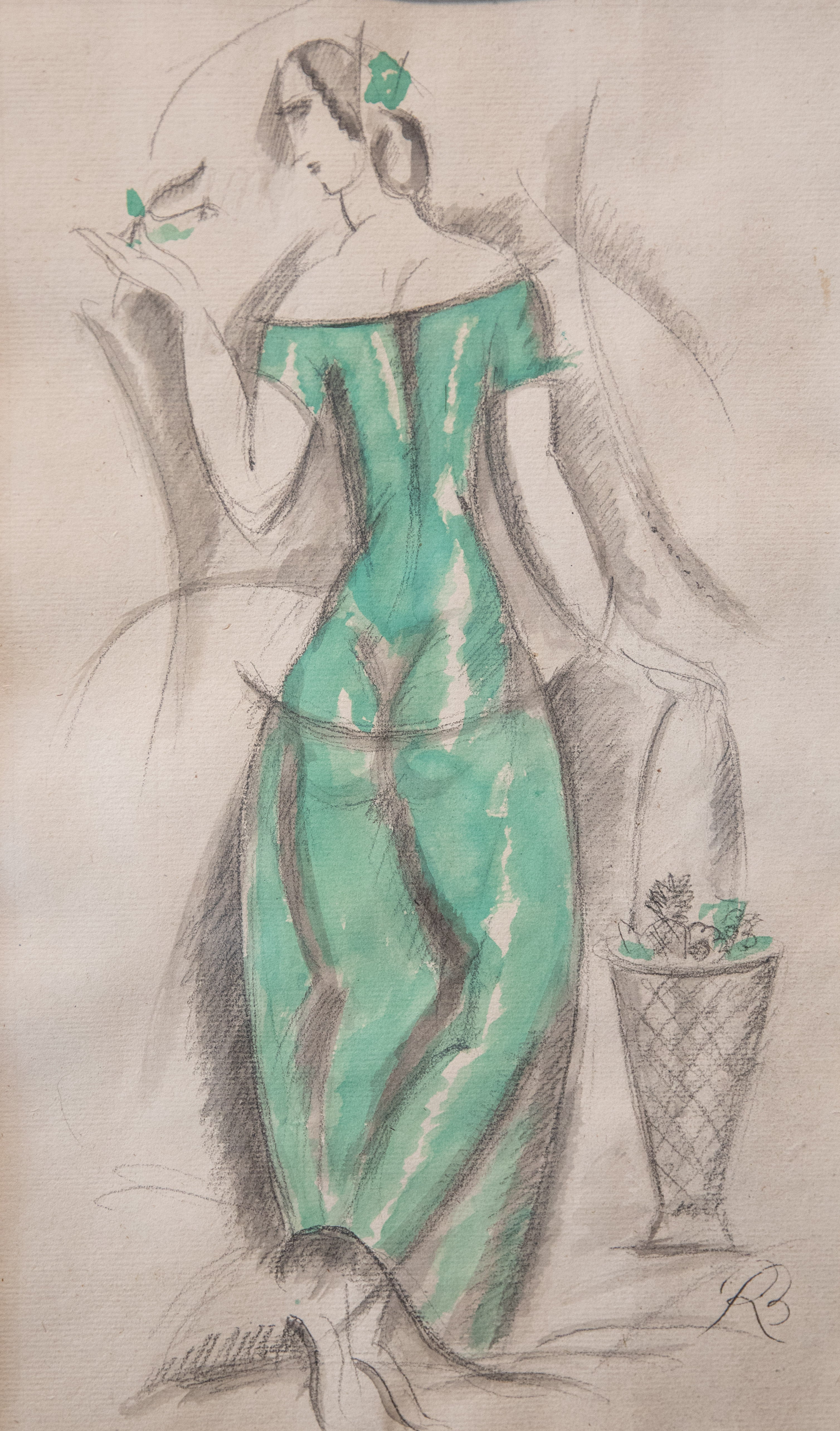 Rene Buthaud Mista su carta Donna in abito verde, firmata e datata 1924