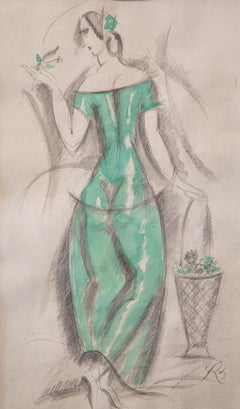 Rene Buthaud Mista su carta Donna in abito verde, firmata e datata 1924
