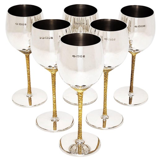 Set of 6 Sterling Silver Stuart Devlin Wine Glasses / Goblets London 1972 / 73