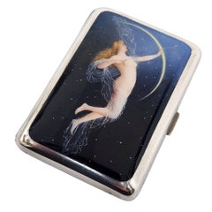 Rare Antique Austrian Silver & Enamel Cigarette Case c. 1910 Erotic Moon Night