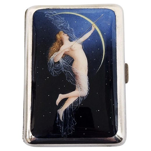Rare Antique Austrian Silver & Enamel Cigarette Case c. 1910 Erotic Moon Night